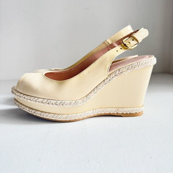 Stuart Weitzman Nide Ivory Beige Patent leather Wedge Peep Toe Heels 6 - Picture 8 of 11